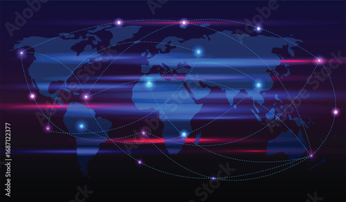 Communication technology that connects the internet network around the world. Telecommunications connectivity and data transfer. Finance, business, blockchain, security.