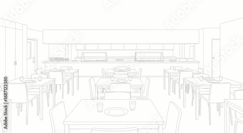 Minimalist restaurant illustration with clean lines and schematic aesthetic
