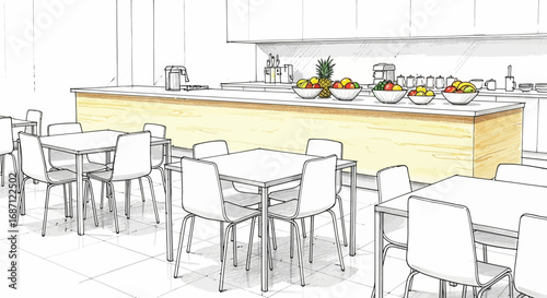 Modern Minimalist Cafeteria Sketch with Fruit Display and Clean Lines