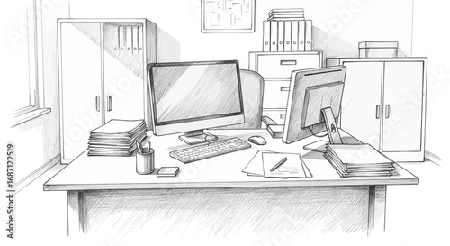 Monochromatic Illustration of an Overwhelmed and Untidy Workplace