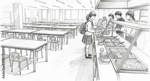 Monochrome cafeteria scene with students selecting food from buffet line