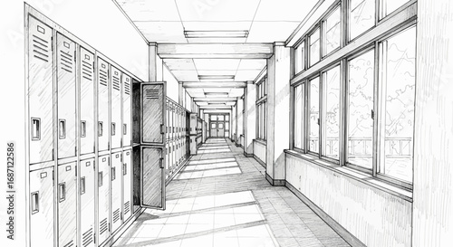 Monochrome architectural sketch of a school hallway with lockers and windows