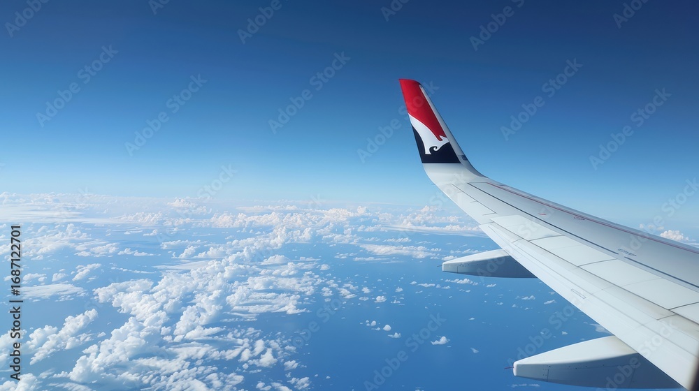 Obraz premium Airplane wing view from window with blue sky and clouds on a sunny day during air travel