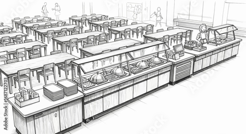 Monochrome Drawing of a Cafeteria or Canteen Interior Depicting a Meal Service