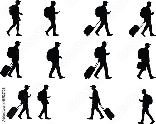 Silhouette travelers walking, people with luggage, backpacks, rolling suitcases, mobile phone, airport passengers, travel concept, commuter scene