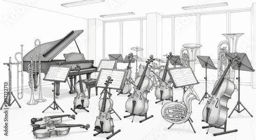Monochrome illustration displays a musical ensemble room setup with instruments