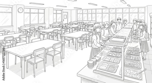 Monochrome Illustration of a School Cafeteria During Lunch Service Anime Style