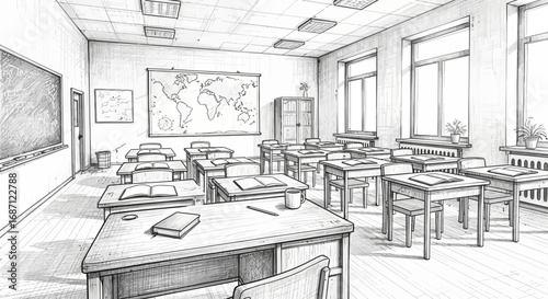 Monochrome illustration of a classroom interior emphasizing education