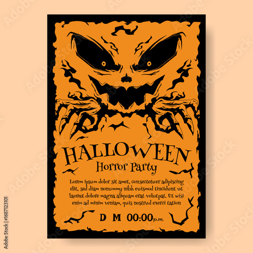 Halloween party poster with a terrifying pumpkin face and spooky design in orange and black tones