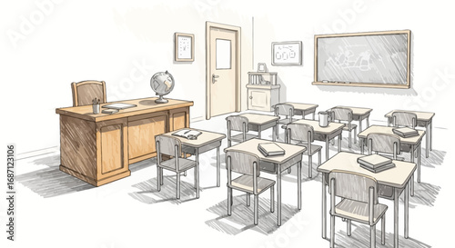 Serene classroom with traditional wooden desks, globe and chalkboard