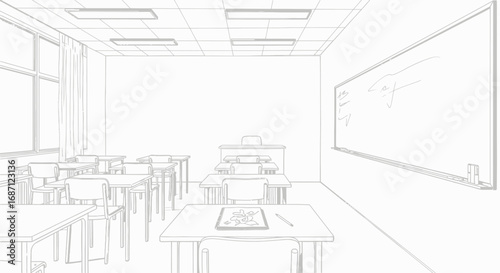Serene depiction of a tidy classroom environment in monochrome style