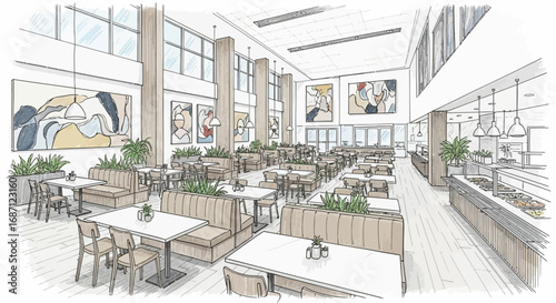 Serene interior view of a spacious dining area, architectural illustration