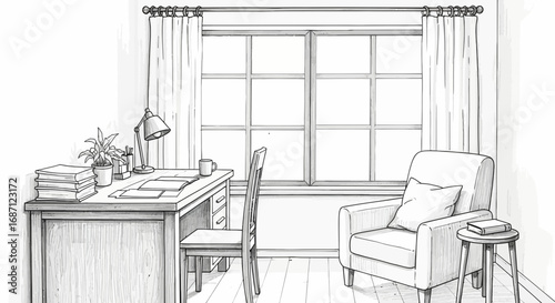 Serene monochrome workspace featuring a desk, chair, and cozy reading corner