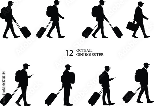 Silhouette travelers walking, people with luggage, airport passengers, rolling suitcases, backpacks, travel concept, commuter, tourism scene