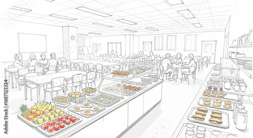 Sketch Illustration of a Bustling Cafeteria Scene with Food and People