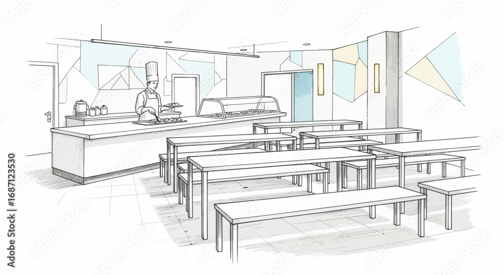 Obraz premium Sketch illustration showcasing a modern canteen with chef and dining area