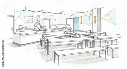 Sketch illustration showcasing a modern canteen with chef and dining area