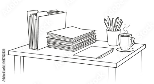 Sketch illustration showcasing a work desk with essential office supplies