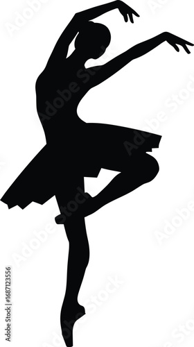 Ballerina dancer silhouette performing ballet pose, elegant woman in tutu, graceful dance illustration, classical performance art, vector black outline design