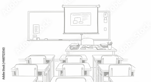 Sketch of a bright classroom featuring desks, a whiteboard and a projector