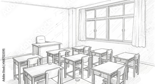Sketch illustration showing classroom with desks chairs and teachers desk