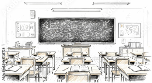 Sketch of a classroom with desks, blackboard, and educational diagrams