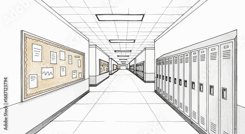 Sketch of a high school hallway with lockers and bulletin board