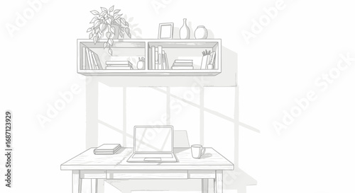 Sketch of a modern minimalist workspace with natural light streaming in