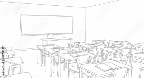 Sketch of a traditional classroom setting with desks and chalkboard drawing