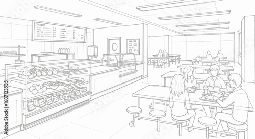 Sketch of a modern cafeteria with students dining at tables, with food display