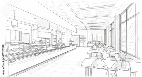 Sketch of a school cafeteria with students, tables and serving lines