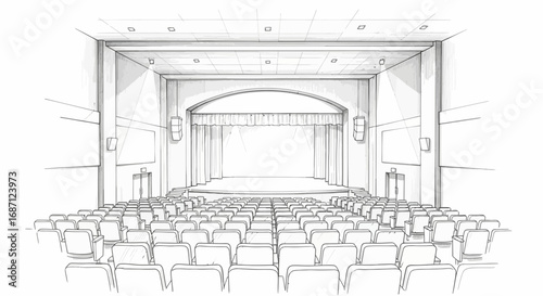 Sketch of an empty auditorium interior with stage and seating arrangement