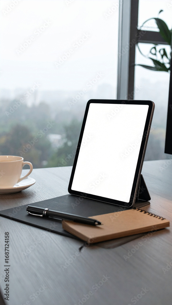 Fototapeta premium Creative Office: A stylish desk combining digital and traditional work elements, with a tablet screen suitable for adding blank text or a logo.