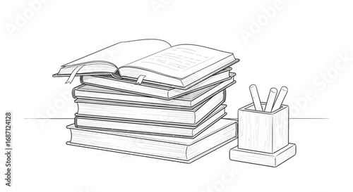 Sketch of stacked books with open book and pen holder illustration