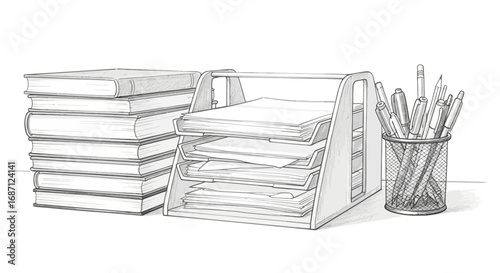Sketch of stationary composition featuring books, files and pen holder