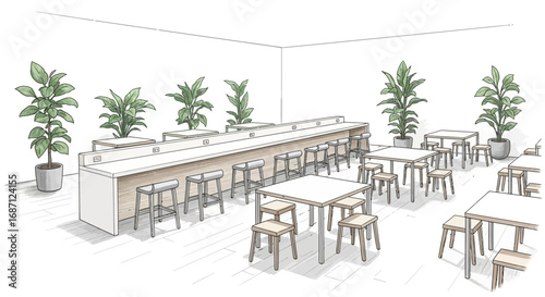 Sketch of stylish coworking area featuring ample seating and greenery accents