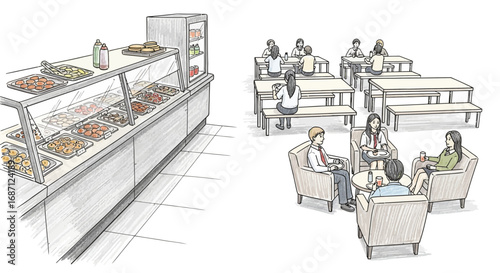 Sketch style cafeteria illustration showcasing diverse dining spaces and selections