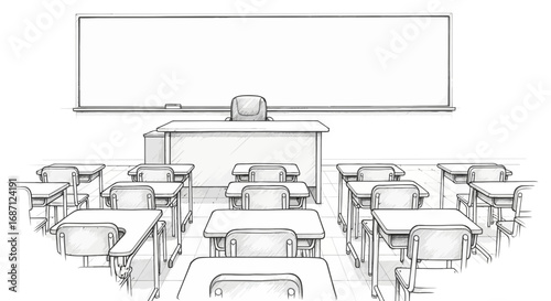 Sketch Style Classroom Interior, Featuring Desks and Blackboard Illustration