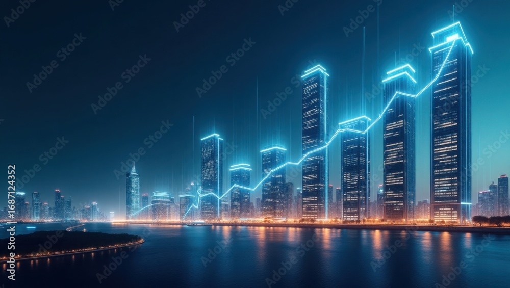 Obraz premium Gráfico de crecimiento financiero en ascenso con fondo de horizonte de ciudad futurista, rascacielos brillantes que representan el progreso económico