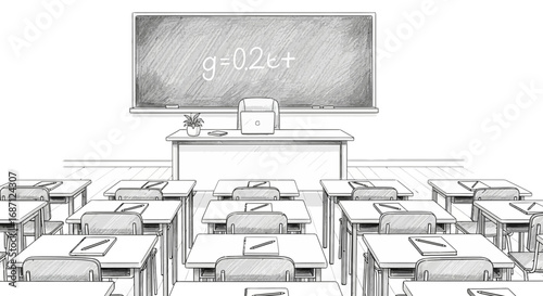 Sketch style classroom scene with empty desks, chalkboard and equation