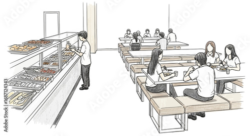 Sketch style illustration portraying a lively school cafeteria with students