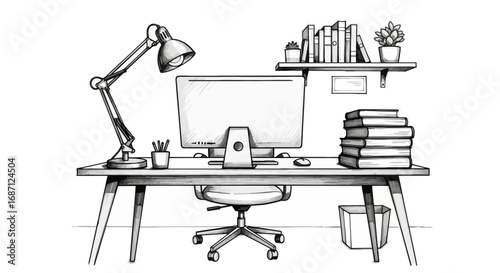 Stylish workspace design, clean desk setup with minimalist office scene illustration