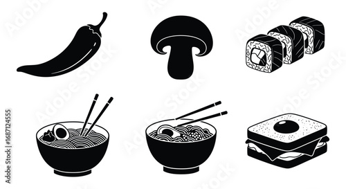 a variety of foods including sushi mushrooms noodles and desserts
