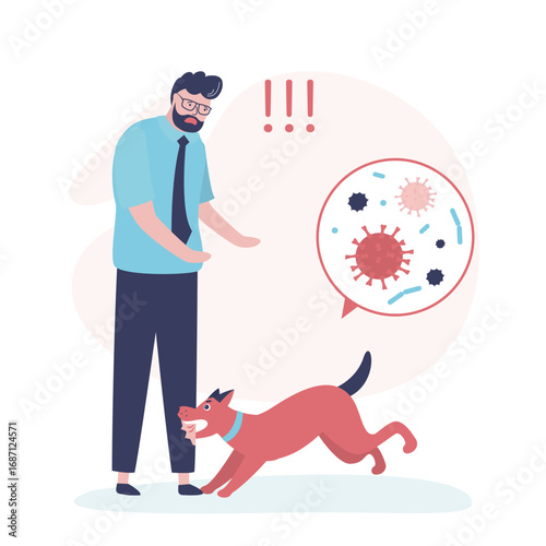 Rabid aggressive dog attacks and bites man on leg. Dog bites man transmits rabies bacteria virus. Medical care, immunization, fight with dangerous infection.