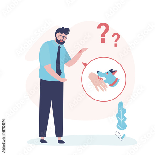 Dog bites man hand transmits rabies bacteria virus. Infected Dog. Medical care, immunization, fight with dangerous infection concept. Animal and human healthcare.