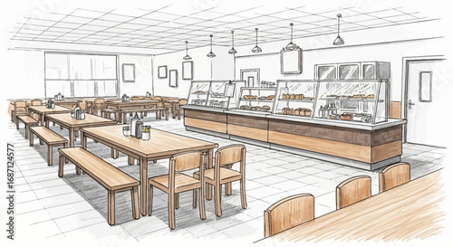 Stylish dining room of restaurant interior sketch with showcase counter