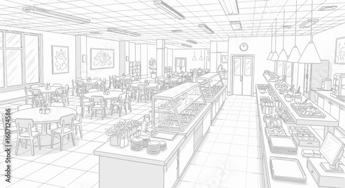 Stylized cafeteria perspective drawing showing lunch area and serving line