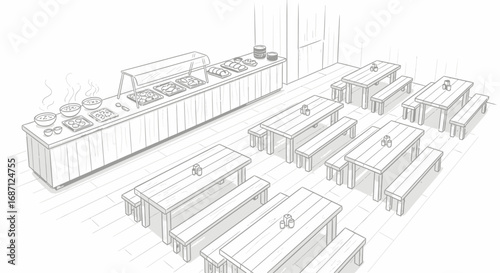Stylized monochromatic illustration of a self-service eatery interior design