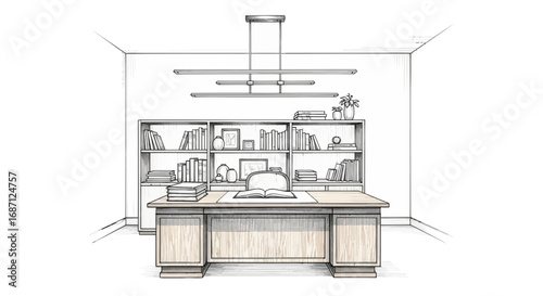 Stylized office interior sketch rendering with custom cabinetry design