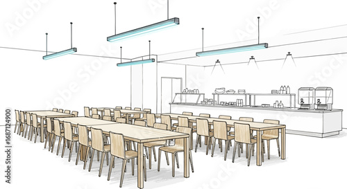 Symmetrical Dining Hall Illustration with Tables and Chairs Arrangement